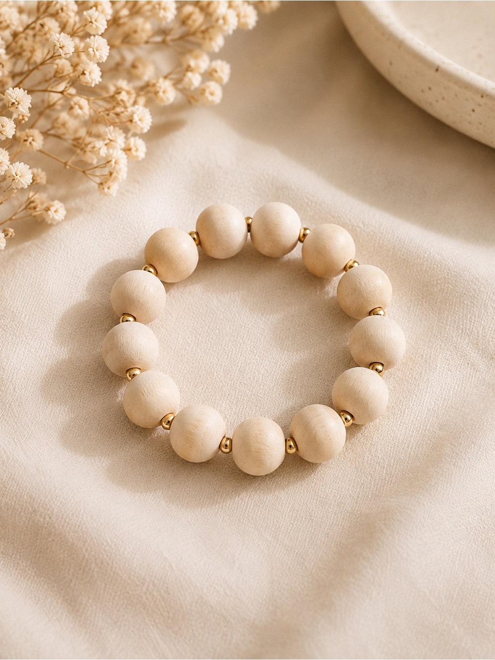 Cream Wood Bead Stretch Bracelet with Gold Accents